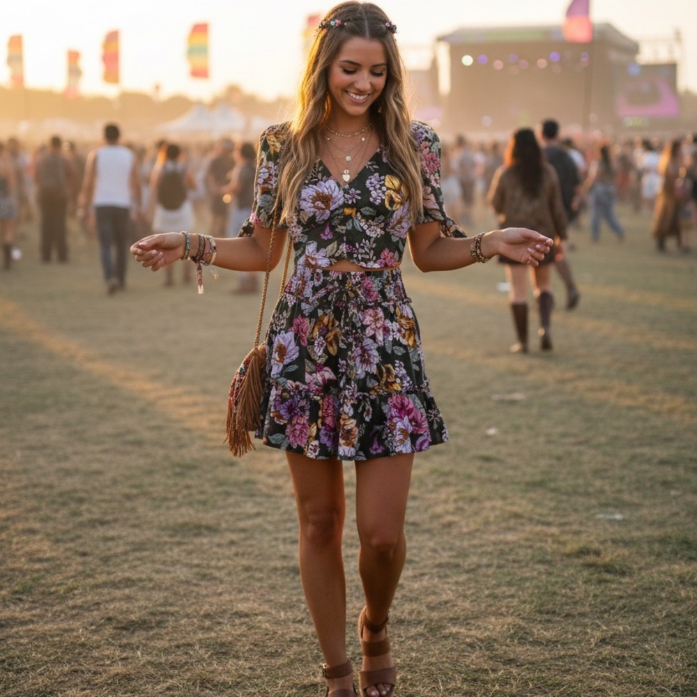 B.O.G Collective Two-Piece Floral Top and Skirt Set Green M Boho Festival